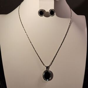 Silvertone Black Glass Stone with CZs Pendant Necklace and Pierced Earri…